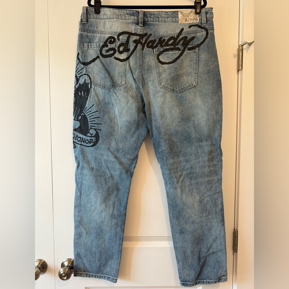Ed Hardy Death Before Dishonor Distressed Denim Slim Fit Blue Jeans - Men’s 38